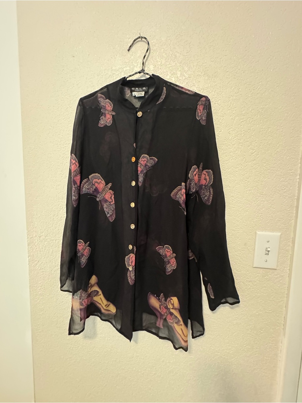 Black Sheer Silk Button-Down Blouse with Moth Print